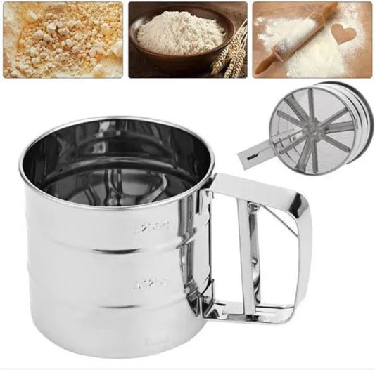 Flour Sifter Stainless Steel – Double Layer Fine Mesh Baking Sifter with One-Hand Press Crank for Cakes & Pastries
