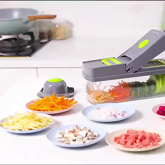 16-In-1 Multifunctional Vegetable Chopper & Slicer with Colander Basket and Storage Container – Heavy Duty Manual Food Cutter & Dicer